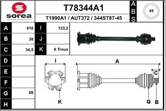 Полуось (привод в сборе, приводной вал) EAI передняя правая для Audi A4 II (B6) 2000-2004. Артикул T78344A1