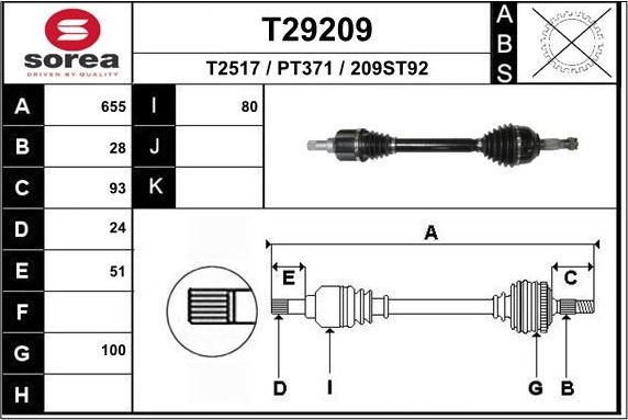 Полуось (привод в сборе, приводной вал) EAI. Артикул T29209