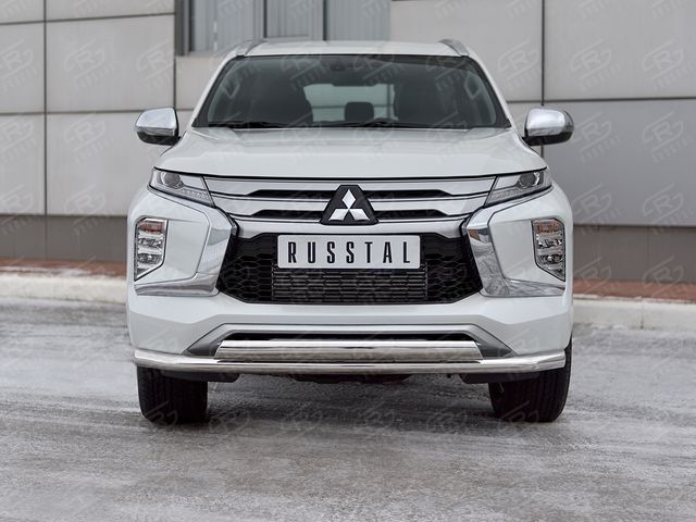 Защита RusStal переднего бампера d63 секции-d75x42 дуга для Mitsubishi Pajero Sport III рестайлинг 2021-2026. Артикул MPJSZ-003652