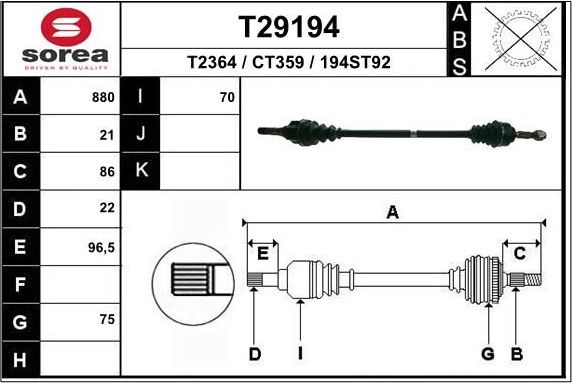 Полуось (привод в сборе, приводной вал) EAI. Артикул T29194