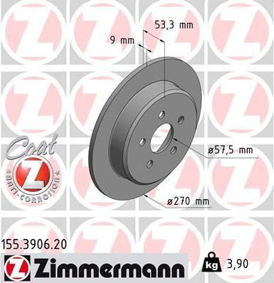 Тормозной диск Zimmermann Coat Z задний для Chrysler Neon II 1999-2006. Артикул 155.3906.20