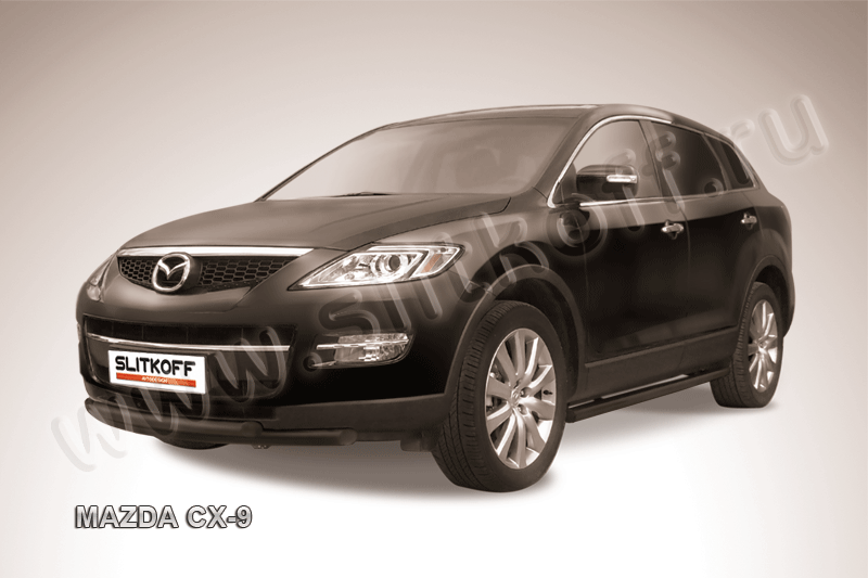 Защита Slitkoff переднего бампера d57/57 двойная ЧЕРНАЯ матовая для Mazda CX-9 2007-2013. Артикул MZCX9003B