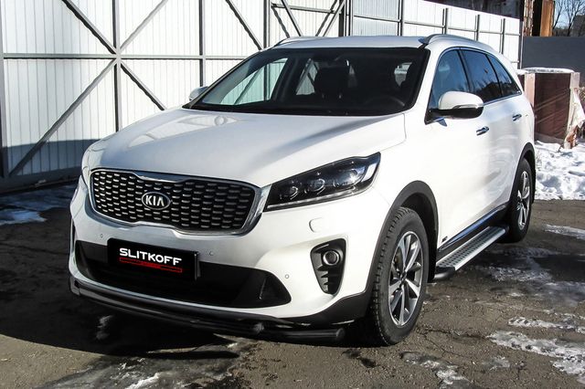 Защита Slitkoff переднего бампера d57/42 двойная для Kia Sorento III (Prime) рестайлинг 2017-2020 ЧЕРНАЯ матовая. Артикул KS17-001B