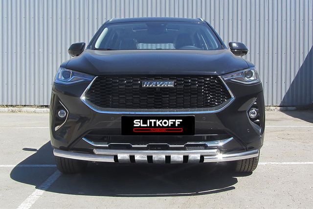 Защита Slitkoff переднего бампера d57+d42 двойная с декоративными элементами для Haval F7/F7x 2019-2026. Артикул HavF7001