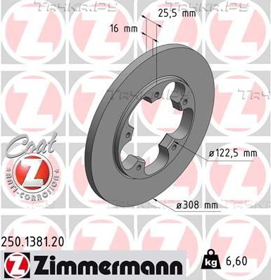 Тормозной диск Zimmermann Coat Z задний для Ford Transit VIII 2013-2026. Артикул 250.1381.20