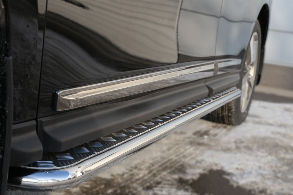 Защита порогов RusStal труба d42 с листом (Лист алюм, проф.нерж) (Вариант1) для Nissan Pathfinder R52 2014-2026. Артикул NPL-002023