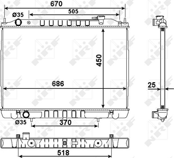 Радиатор охлаждения двигателя NRF (алюминий) для Nissan Navara D22 2001-2007. Артикул 58418