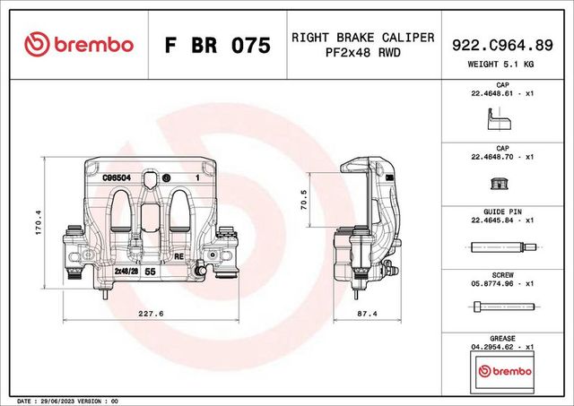 Тормозной суппорт Brembo (Серый чугун) задний правый для Mercedes-Benz Sprinter 907, 910 2018-2026. Артикул F BR 075