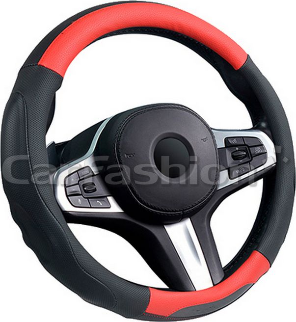 Оплётка на руль CarFashion Laredo (размер M, экокожа, цвет ЧЕРНЫЙ/КРАСНЫЙ). Артикул 31639