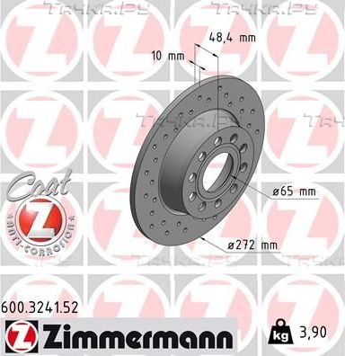 Тормозной диск Zimmermann Sport Coat Z задний для Volkswagen Jetta V 2004-2010. Артикул 600.3241.52