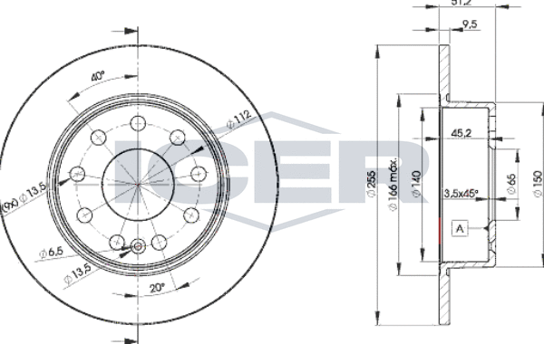 Тормозной диск Icer задний для Audi A3 II (8P) 2003-2013. Артикул 78BD5616-2