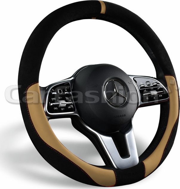 Оплётка на руль CarFashion Tag (размер M, искусственная замша/экокожа, цвет ЧЕРНЫЙ/БЕЖЕВЫЙ). Артикул 31603