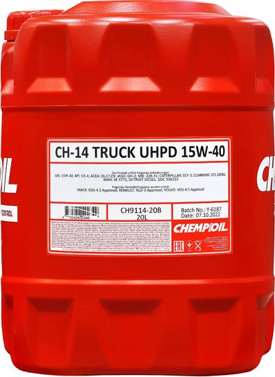 15W-40 CH-14 TRUCK UHPD CJ-4/ SN, E7/ E9 20л (синт. мотор. масло) (Chempioil). Артикул CH911420