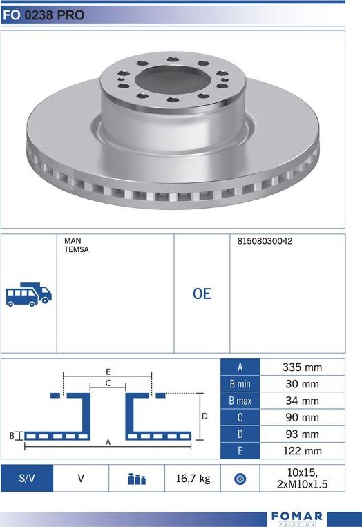 Тормозной диск Fomar передний для MAN TGL 2004-2026. Артикул FO 0238 PRO