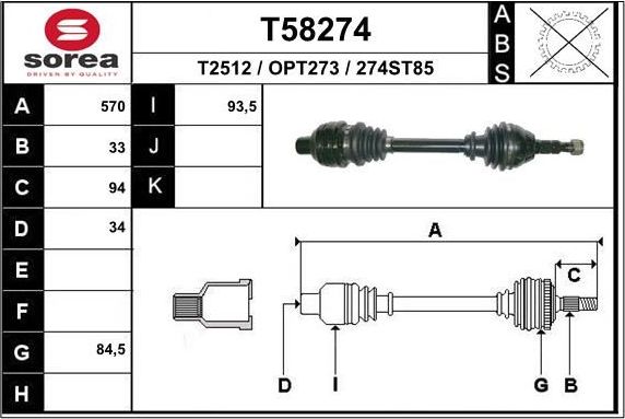 Полуось (привод в сборе, приводной вал) EAI. Артикул T58274