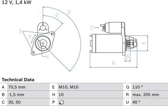 Стартер Bosch для Volvo V50 I 2004-2012. Артикул 0 986 025 960