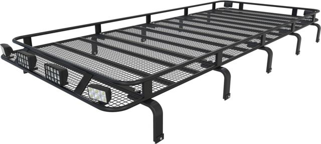 Багажник экспедиционный Podgotoffka 2800x1400x120 с сеткой и креплениями на водостоки для Land Rover Defender 110 1983-2026. Артикул PGT-B.11.04