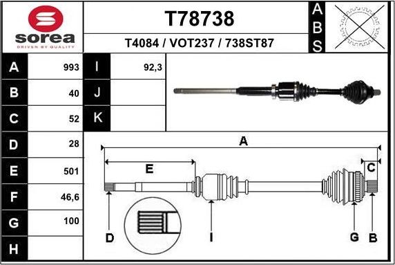Полуось (привод в сборе, приводной вал) EAI. Артикул T78738