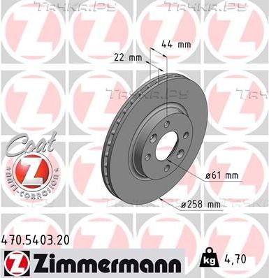Тормозной диск Zimmermann Coat Z передний для Dacia Sandero II 2012-2026. Артикул 470.5403.20
