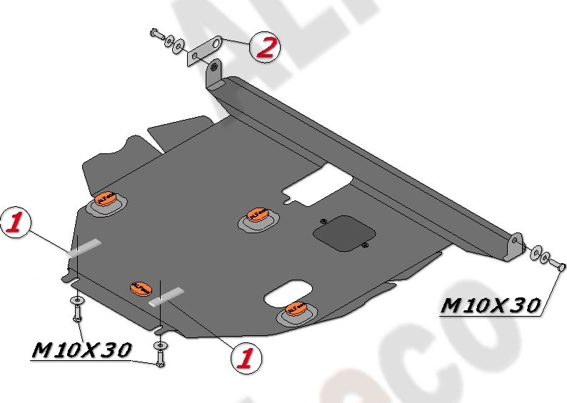 Защита алюминиевая Alfeco для картера и КПП Toyota Corolla E120 2WD (вкл. Corolla Fielder, Corolla Runx) 2000-2007. Артикул ALF.24.06 AL4