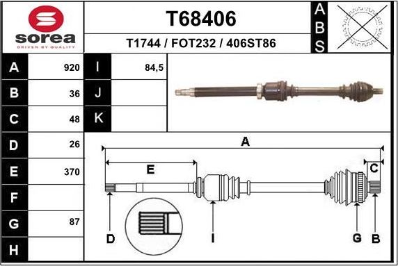 Полуось (привод в сборе, приводной вал) EAI. Артикул T68406
