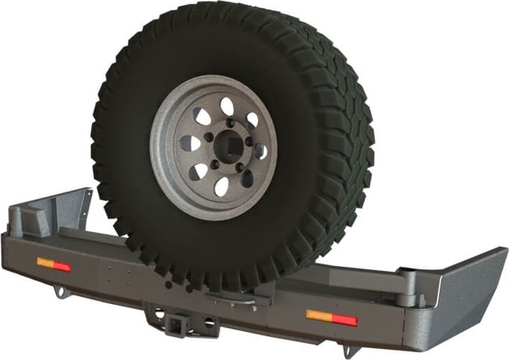 Бампер силовой задний STC для Toyota Land Cruiser 105 1998-2007 с квадратом под фаркоп, кронштейном крепления запасного колеса справа, площадкой для лебедки и фарами заднего хода/ ПТФ. Артикул STC-TLC105-BR-W-C2-L2