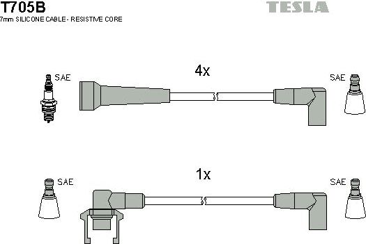 Высоковольтные провода (провода зажигания) (комплект) Tesla для Renault 19 I 1988-1992. Артикул T705B