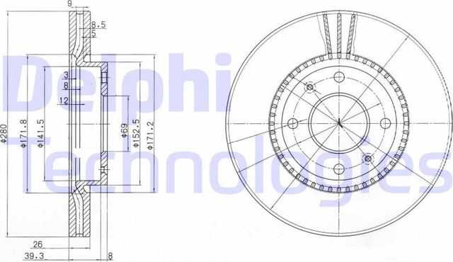 Тормозной диск Delphi передний для Kia Opirus I 2006-2007. Артикул BG4013