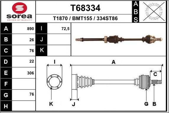 Полуось (привод в сборе, приводной вал) EAI. Артикул T68334