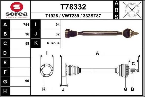 Полуось (привод в сборе, приводной вал) EAI. Артикул T78332