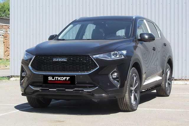 Защита Slitkoff переднего бампера d42 Волна для Haval F7 2019-2026 Черная. Артикул HavF7004B
