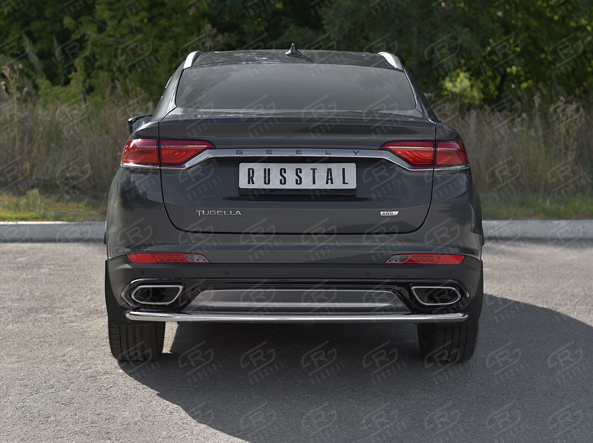 Защита RusStal заднего бампера d42 (секции) для Geely Tugella 2020-2026. Артикул GTGZ-003948