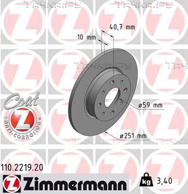 Тормозной диск Zimmermann Coat Z задний для Alfa Romeo MiTo I 2008-2018. Артикул 110.2219.20