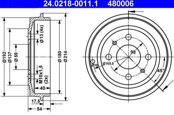 Тормозной барабан ATE задний для Fiat Tipo 160 1988-1995. Артикул 24.0218-0011.1