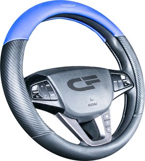 Оплётка на руль CarFashion Brutal (размер M, экокожа, цвет ЧЕРНЫЙ/ЧЕРНЫЙ/СИНИЙ). Артикул 31425