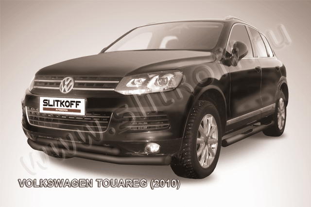 Защита Slitkoff переднего бампера d76/57 двойная ЧЕРНАЯ матовая для Volkswagen Touareg II 2010-2014. Артикул VWTR-002B