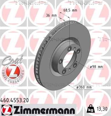 Тормозной диск Zimmermann Coat Z передний левый для Porsche Taycan I 2019-2026. Артикул 460.4553.20