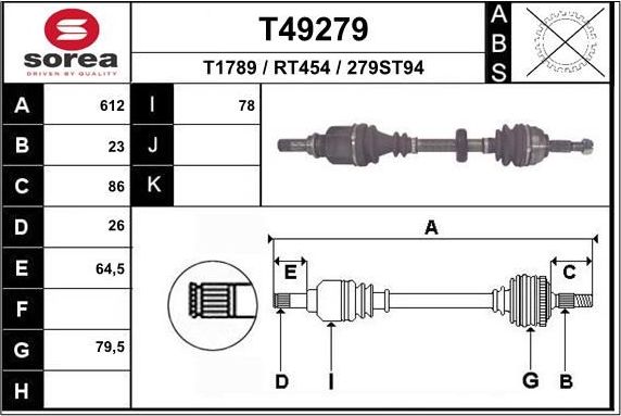 Полуось (привод в сборе, приводной вал) EAI. Артикул T49279