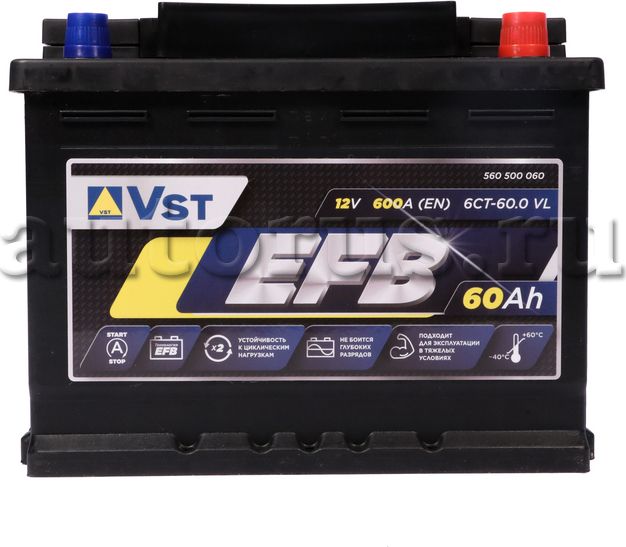 Аккумуляторная батарея V СТАНДАРТ [12V 60Ah 600A) (VST). Артикул 560500060