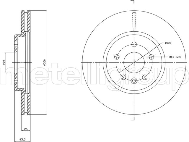 Тормозной диск Metelli передний для Opel Astra K 2015-2026. Артикул 23-1849C
