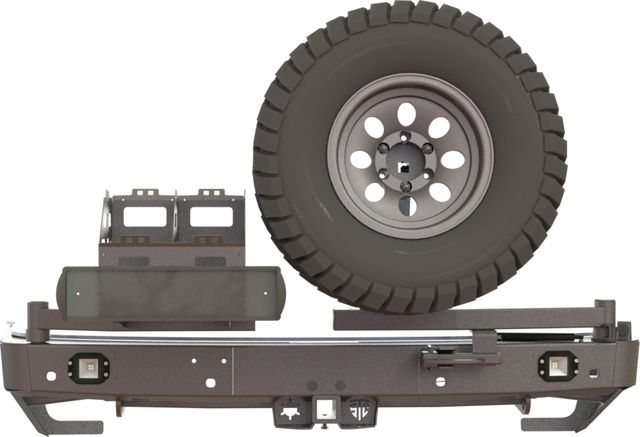 Бампер силовой STC задний для Nissan Patrol Y62 2010-2026 с квадратом под фаркоп, кронштейном крепления запасного колеса по центру, кронштейном крепления гос номера и фарами заднего хода/ ПТФ. Артикул STC-NPY62-BR-C2C4-L2