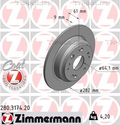 Тормозной диск Zimmermann Coat Z задний для Honda Accord VII 2004-2008. Артикул 280.3174.20