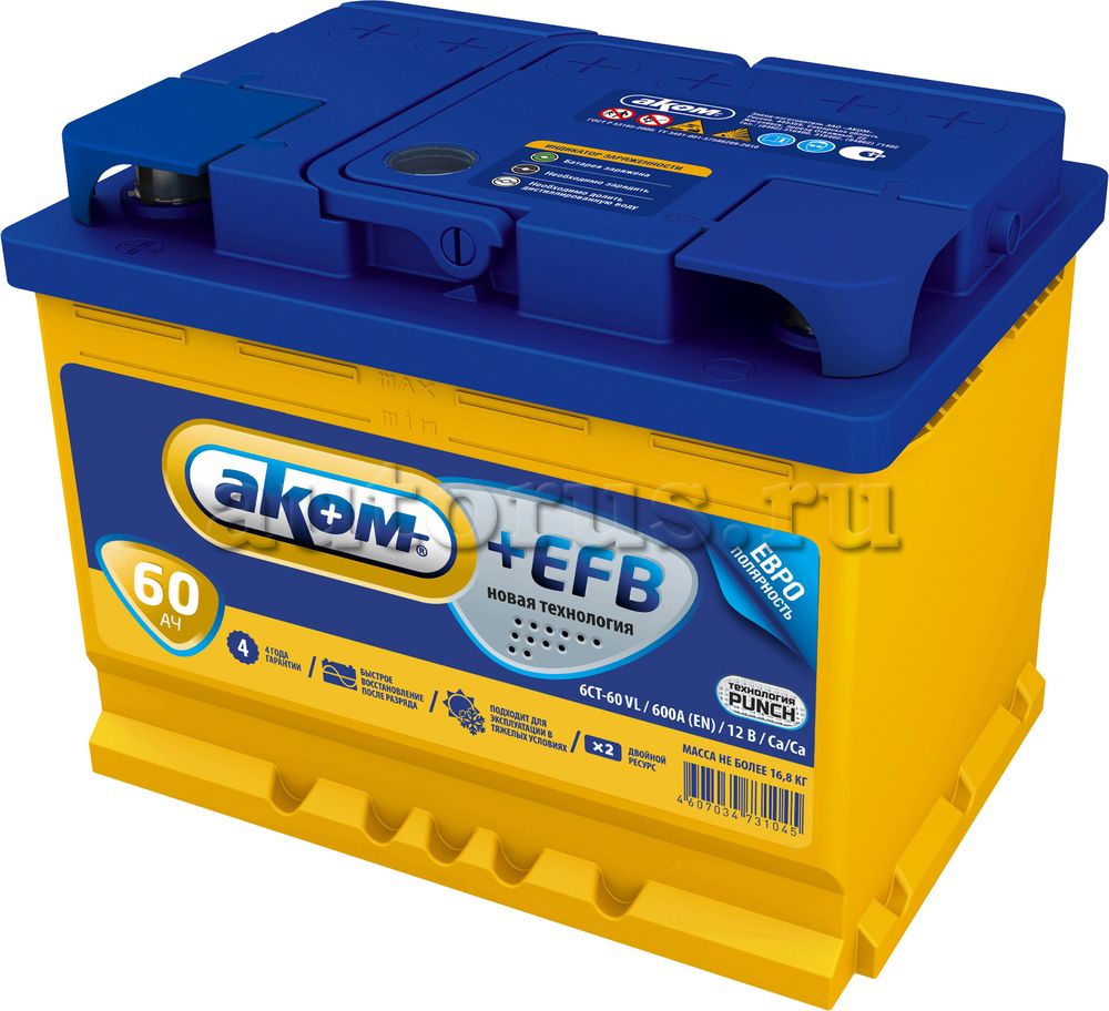 Аккумулятор 60А/ч обратная R + EN 500A 242x175x190 6CT-60.0 (Akom). Артикул 6CT600