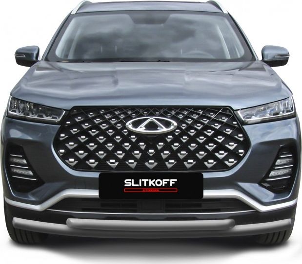 Защита Slitkoff переднего бампера d57+d42 двойная для Chery Tiggo 7 Pro 2020-2026 Серебристая. Артикул CT7PR-002S