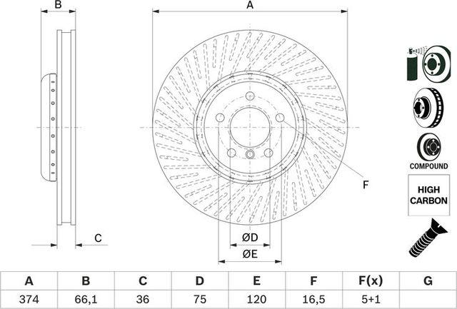 Тормозной диск Bosch передний левый для BMW 7 V (F01/F02/F04) 2008-2015. Артикул 0 986 479 E28