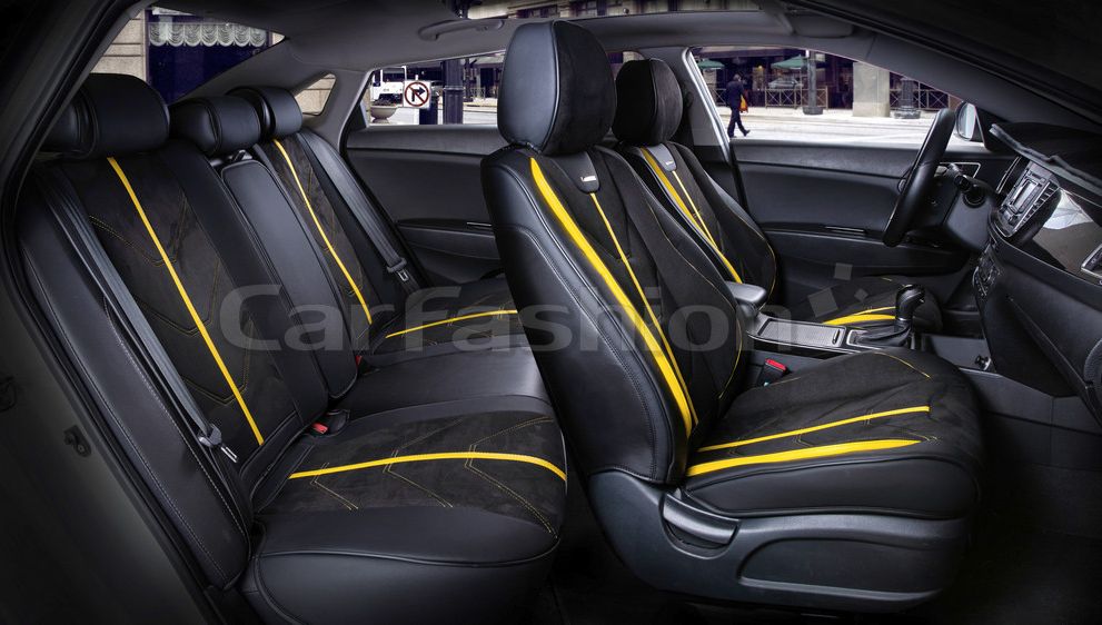 Комплект универсальных каркасных чехлов CarFashion 5D Start Plus на сидения авто, цвет Черный/Черный/Желтый. Артикул 22296