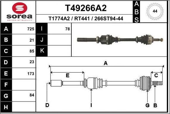 Полуось (привод в сборе, приводной вал) EAI. Артикул T49266A2