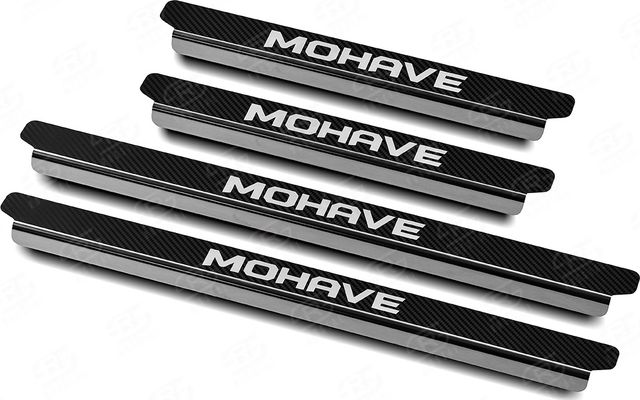 Накладки RusStal на пороги (лист нерж. карбон с надписью) для Kia Mohave I рестайлинг 2 2020-2026. Артикул KIMOH20-06