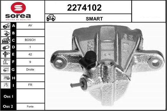 Тормозной суппорт EAI передний правый для Smart Fortwo II (W451) 2007-2015. Артикул 2274102