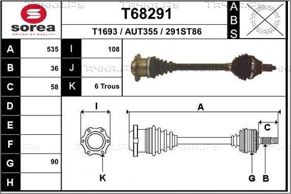 Полуось (привод в сборе, приводной вал) EAI передняя левая для Audi A2 2000-2005. Артикул T68291